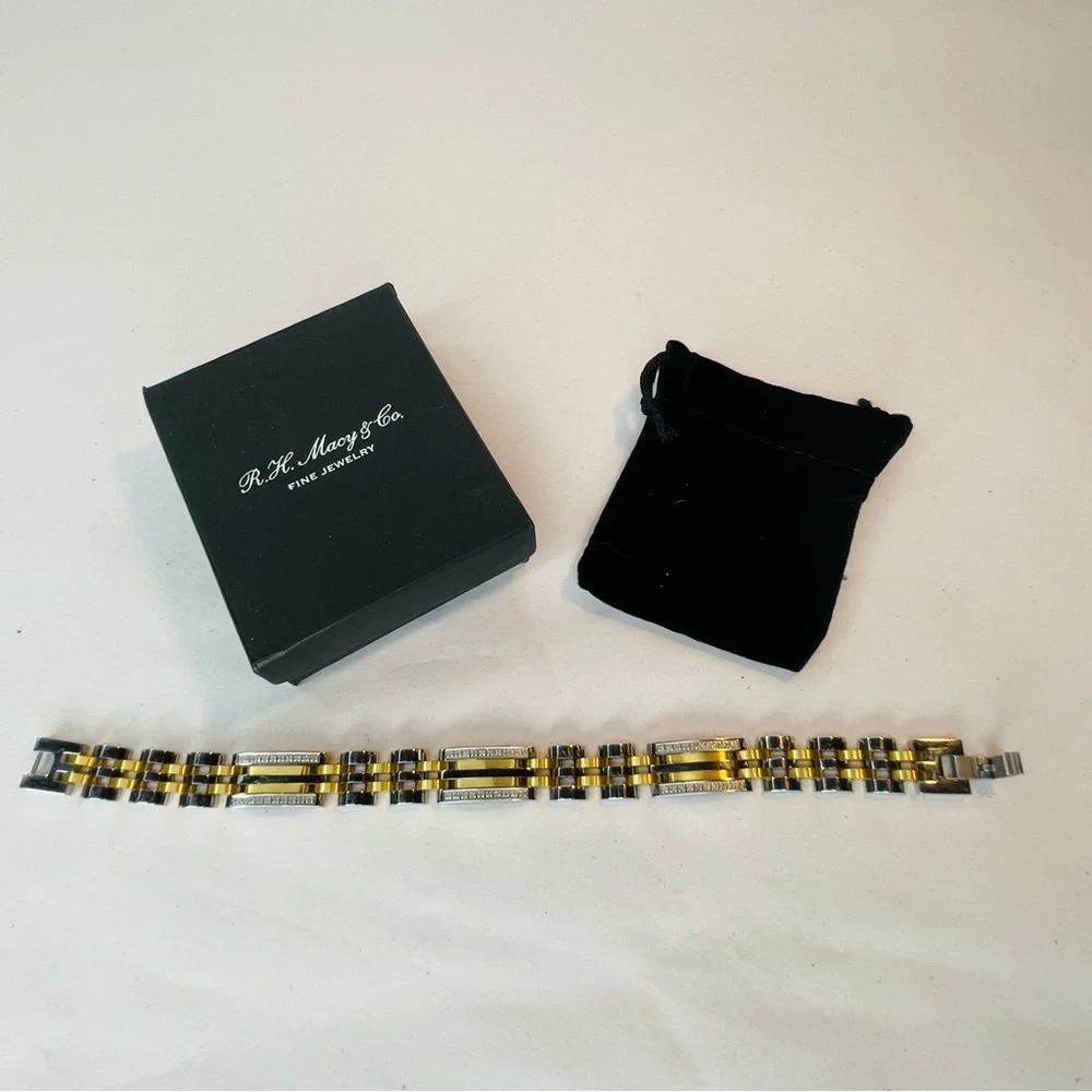 R.H. Macy Mens Two Toned Stainless Steel Metal Link Diamond Bracelet 9” Long - Picture 12 of 16